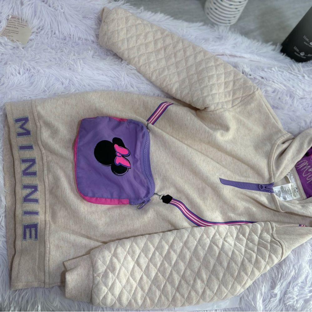 Minnie Mouse Beige Quilted Hoodie with Purple Accent Pocket